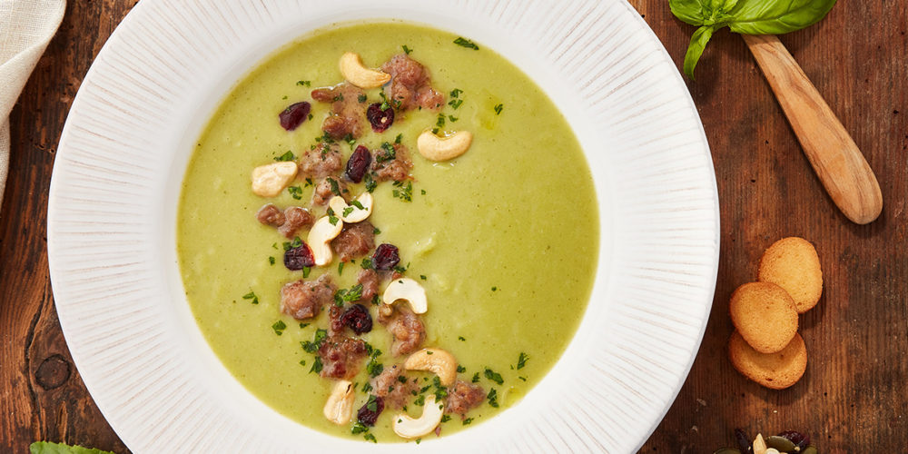 Recipe: Creamed pea and cashew soup with luganega pork sausage